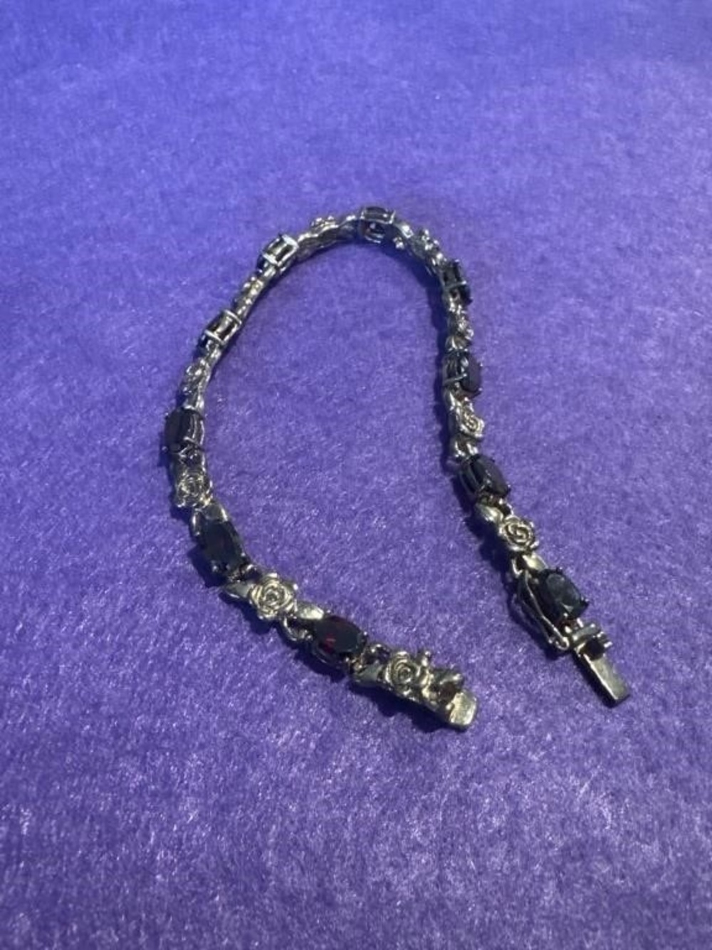 Vintage Sterling Silver 925 Garnet Floral Tennis Bracelet 8” 14.05g